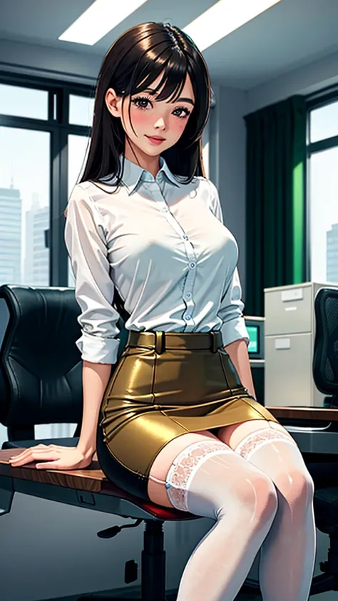 (Modern office indoors), 1 lady 30 years old ((standing alone)), (eyes browns), (medium black hair), bangss, (green office casual pencil skirt), (lingerie), (white  shirt), (id card), blush gentle smile, (masterpiece best quality:1.2), Delicate Illustratio...