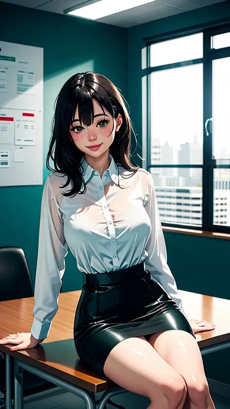 (Modern office indoors), 1 lady 30 years old ((standing alone)), (eyes browns), (medium black hair), bangss, (green office casual pencil skirt), (lingerie), (white  shirt), (id card), blush gentle smile, (masterpiece best quality:1.2), Delicate Illustratio...