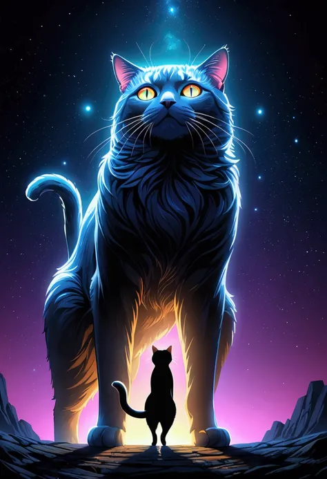 (Giant Cat, exaggerate Giant), from below, Stunning illustration, glowing in the dark with multicolor light, centered on a night background, in the style of pop surrealist artist, fine art, full body, award-winning, cinematic still, emotional, vignette, dy...