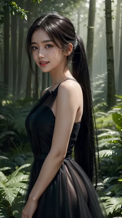 (Masterpiece:1.4), CG Unity 8k walpaper, ((Realistic: 1.2)), Ray Tracing, 64k, Beautiful 22 years girl, Asian realistic girl, Ultra Realistic, ultra HD, 1 girl, black hair, long hair, ponytail, standing, abandoned in a forest, Green Plants, Rain forest, so...