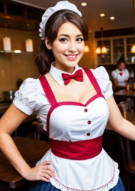 There is a waitress in a maid&#39;s uniform, very sexy, tanned blonde, serving drinks at a table on a beach, uniforme sensual, sensual woman, medium breasts, Strong legs, mischievous pose, 🤬 🤮 💕