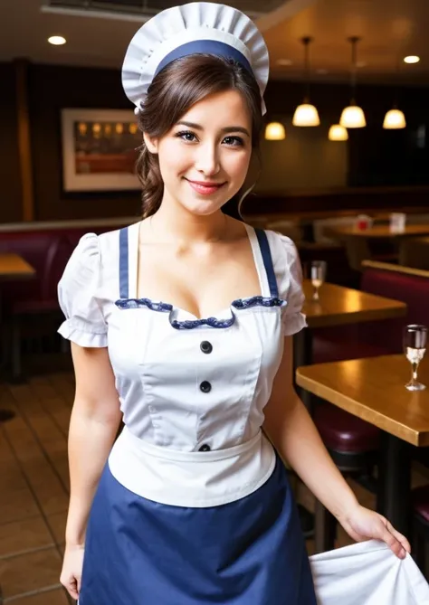 There is a waitress in a maid&#39;s uniform, very sexy, tanned blonde, serving drinks at a table on a beach, uniforme sensual, sensual woman, medium breasts, Strong legs, mischievous pose, 🤬 🤮 💕