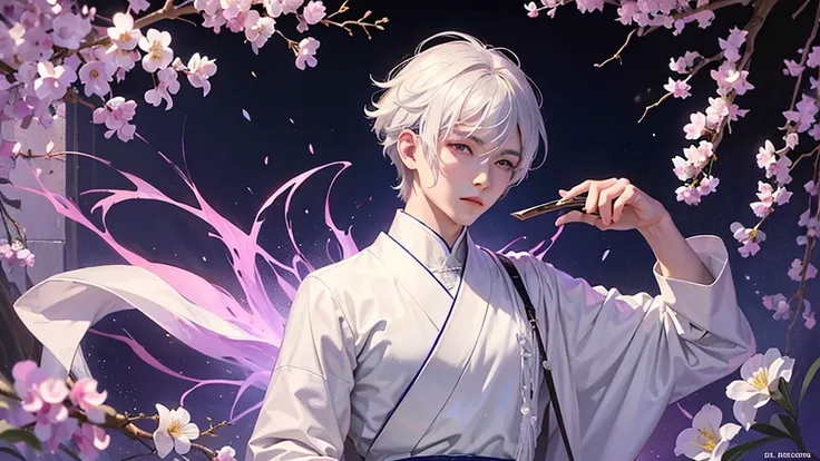 A Chinese boy who has a white hair and holding a sword wearing a white kimono with long long sleeps his kimono has a Persian painting patron and its shiny behind him is a wall its like a rock wall half top of the painting is surrounded by white pink purple...