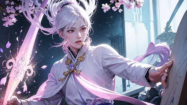 A Chinese boy who has a white hair and holding a sword wearing a white kimono with long long sleeps his kimono has a Persian painting patron and its shiny behind him is a wall its like a rock wall half top of the painting is surrounded by white pink purple...