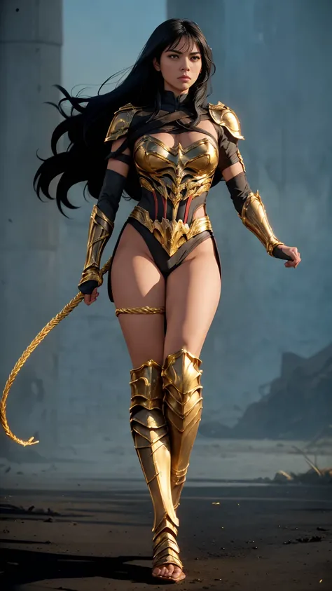 ((Full body photo, standing, feet on the ground)) Yara_flor DC, A warrior, black hair, dynamic pose and yellow eyes, in her hands the lasso of truth, heroine pose, wearing black and gold Yara Flor armor
