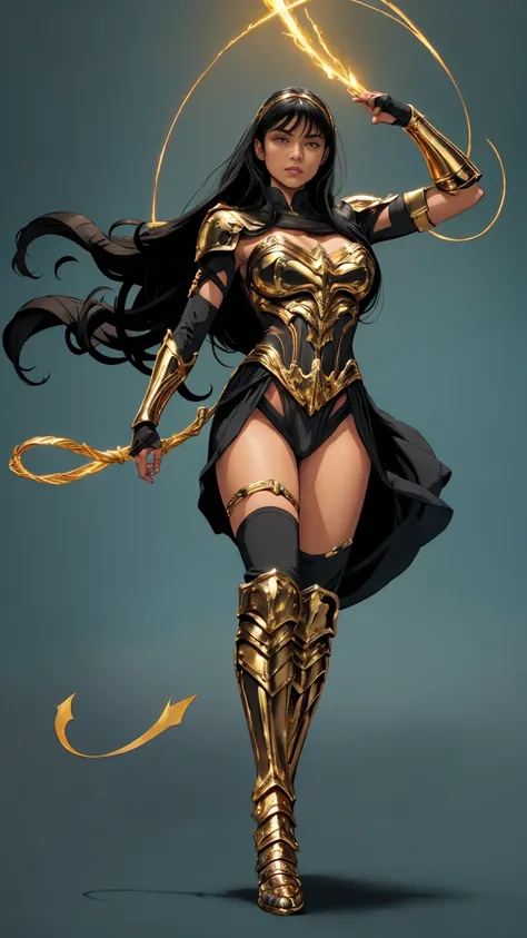 ((Full body photo, standing, feet on the ground)) Yara_flor DC, A warrior, black hair, dynamic pose and yellow eyes, in her hands the lasso of truth, heroine pose, wearing black and gold Yara Flor armor
