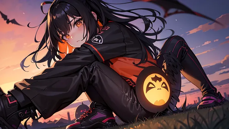 Create art of a goth anime girl,sitting on the grass,watching the horizon,with black shirt with letter L logo,plaid pants in red and black,black sneakers,flying near a black cat face with bat wings,In the background, a very colorful sunset in orange and da...