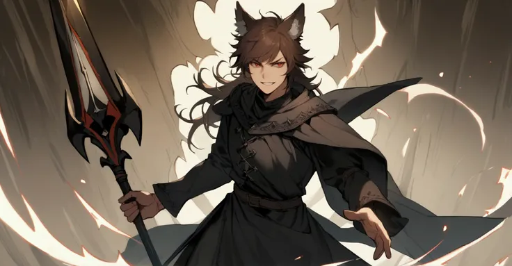 young man, brownhair, teeth sharp like a wolf, wolfs ears, Eyes red, medieval black clothing, holding a spear 