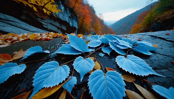 (Light blue gradation leaves),(winter leaves), (half withered),(on the cliff),(night),magical round leaves leaves falling, snow is falling thinly,nature documentry footage, youtube video screenshot, todays featured photography 4k, autumn rain turkel, natur...