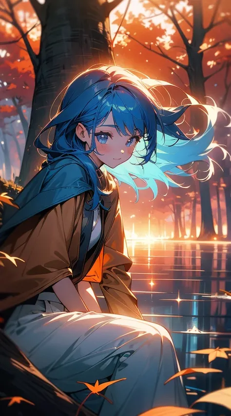 masterpiece, best quality, 1girl, cute girl, cute, autumn, fall, leafs, sunset, particles,magic, cozy, sitting at the tree, dramatic light, beautiful lights,4k, gorgeous, cinematic, happy, depth, happyness, wind, leafs, sunset, blue hair, lake,artistic