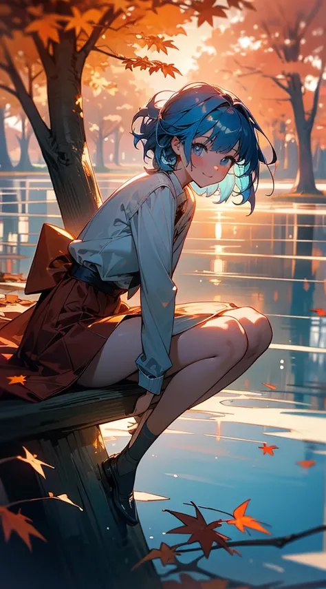 masterpiece, best quality, 1girl, cute girl, cute, autumn, fall, leafs, sunset, particles,magic, cozy, sitting at the tree, dramatic light, beautiful lights,4k, gorgeous, cinematic, happy, depth, happyness, wind, leafs, sunset, blue hair, lake,artistic