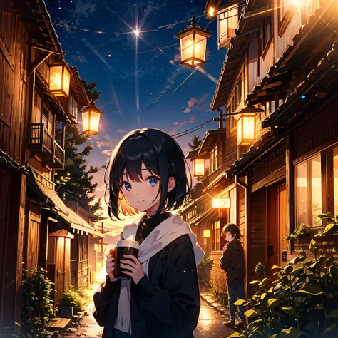 absurdres, highres,
BREAK
girl drinking cocoa, night camp, Lantern Light, Relax Time, Illusory Light particles, lens flare, smile