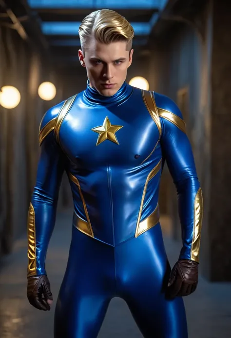 Heterosexual man in latex clothing with middle part Homelander haircut from The Boys comics, wearing Homelander costume, bright lights, (dynamic pose), (hyper-realistic: 1.4), (realistic: 1.3), ( best quality real textured leather), full body, (cinematic l...