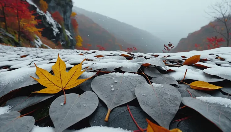 (Light gray gradation leaves),(winter leaves), (half withered),(on the cliff),magical round leaves leaves falling, snow is falling thinly,nature documentry footage, youtube video screenshot, todays featured photography 4k, autumn rain turkel, nature photog...