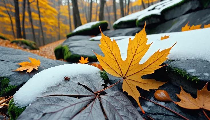 (Light gray gradation leaves),(winter leaves), (half withered),(on the cliff),magical round leaves leaves falling, snow is falling thinly,nature documentry footage, youtube video screenshot, todays featured photography 4k, autumn rain turkel, nature photog...