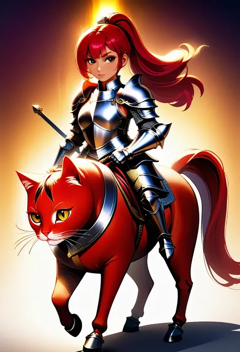 aarafed a picture of a  human knight riding an epic sized cat וin fantasy street, a  a human knight, full body, ((anatomically correct: 1.5), female knight, red hair, long hair, hair in a pony tail, wearing knights armor, decorated armor, high heeled boots...