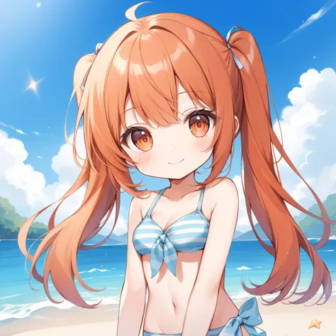 Orange Hair, Orange eyes,girl,Pigtails with both ends tied,smile, Little,  in swimsuit,girl一人