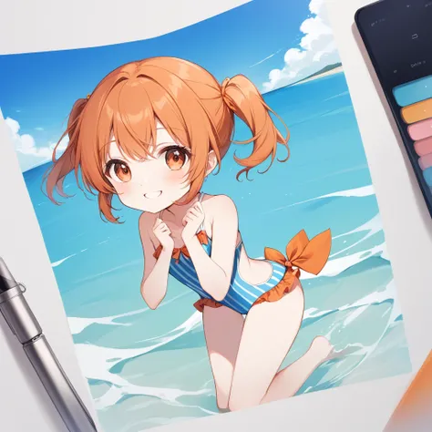 Orange Hair, Orange eyes,girl,Pigtails with both ends tied,smile, Little,  in swimsuit,girl一人