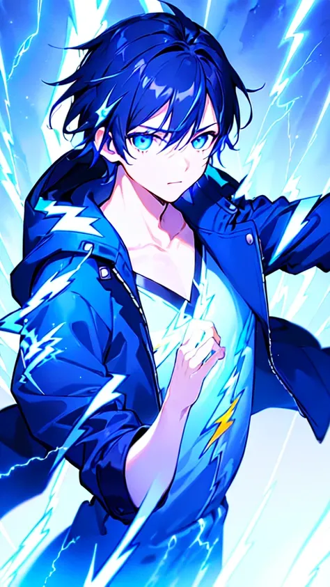 [(WHITE BACKGROUND:1.5),::5], ((((masterpiece)))), high quality, ultra very high resolution, full color, (((solo))), ((little boy)), BLACK hair, (Blue streaked hair), (oriental deepblue eyes), anime, ((upper body)), Summer clothes, neon light, black parka,...