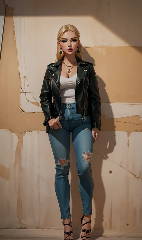 UHD 8k, HDR+, Tiffany, blonde hair, big piercing green eyes, makeup, mole above her mouth, heart-shaped tattoo, neckline, white dress, leather jacket, standing, blonde with a necklace, huge earrings, giant earrings, gold bracelets on her hands, high heels,...