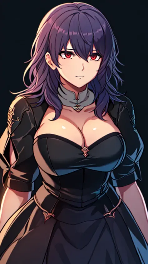 Anime, 1 girl, solo, byleth, byleths hairstyle, long purple hair, red eyes, busty, firm chunky body, dress, deep cleavage, juliet sleeves, large skirt, derious expression, expressive eyes, 