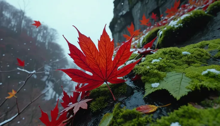 (deep red gradation leaves),(winter leaves), (half withered),(on the cliff),magical round leaves leaves falling, snow is falling...