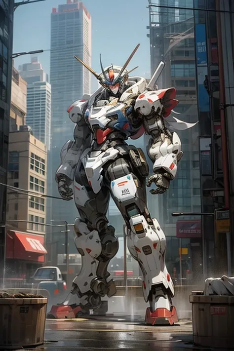 A robot with a toilet bowl as its head,Super Robot,Hero,Giant Robot,Standing in a big city,