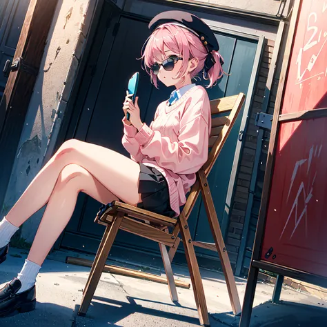 dynamic angle,15 years old, short hair, pink hair, short ponytail, blue bow, black sunglasses, beret, wearing a sweater, (girl holding a clapper board), (clapper board: 1.2), sitting in a folding chair, legs