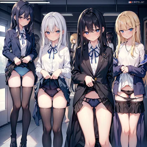 masterpiece, Highest quality, Five girls in a changing room,(Five people getting changed:1.4),Are standing,Ten generations, looking at viewer,Group shot, Harem,ips,underwear,(panties),Realistic,,(Dark blue blazer and white shirt) ,(Dark blue pleated skirt)...