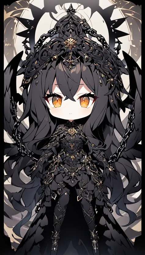 A super-deformed (chibi) style female character designed to appeal to someone with chuunibyou. She embodies the theme of an Evil Angel, featuring dark and celestial elements. The character should have long, flowing hair, possibly in a dark color like black...