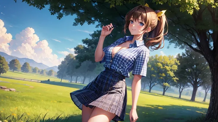 1girl, solo, full body, rural landscape, village, trees, sun, clouds, fantasy, brown hair, ponytail, large breasts, button down shirt, ((blue checked shirt)), ((short sleeved shirt)), ((unbuttoned shirt)), unbuttoning buttons, cleavage 1:3, shirt tied unde...