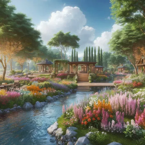 a painting of a garden with a river and a gazebo, beautiful render of a landscape, realistic garden, beautiful rendering, realistic fantasy render, very high detailed, realistic scene, beautiful environment, highly detailed scene, enscape render, peaceful ...