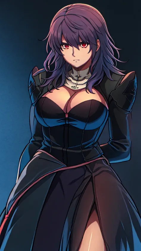 Anime, 1 girl, solo, byleth, byleths hairstyle, long purple hair, red eyes, busty, firm chunky body, dress, sattelas uniform, deep cleavage, juliet sleeves, large skirt, serious expression, expressive eyes, 