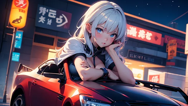 make anime girl in night, girl have big tits, she is siting on the car