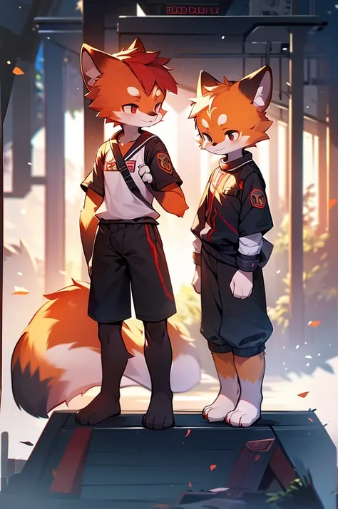 Red Panda Boy,8k resolution,Furry,          Uniform attire,Red collar,Two legs,Stand on your feet！                   towering,lanky,lanky,：slim body,：tall