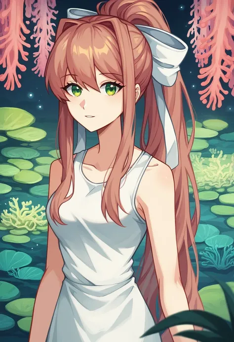 (masterpiece, best quality:1.2)((coral brown hair))((emerald green eyes)),solo,1girl,monika(doki doki literature club), animal_ears,averting_eyes,standing_fox_ears,hair_between_eyes, casual_clothing, , sleeveless_shirt, summer_dress