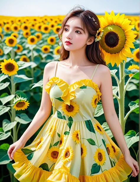 (close up face:0.7), dynamic angle, ultra detailed beautiful photograph, ultra intricate, pastel color, (a lot of frills), The frilly dress with a sunflower motif emits a brightness as if it is wearing the summer sunshine. The dress is decorated with yello...