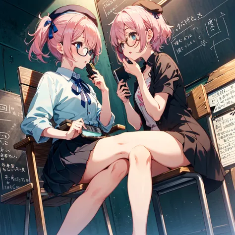 Dynamic angle, 7 years old, short hair, pink hair, short ponytail, blue ribbon, cute glasses, beret, wearing a cute short-sleeved jacket, (girl with clapperboard), (clapperboard: 1.2), folding sitting on a chair, legs