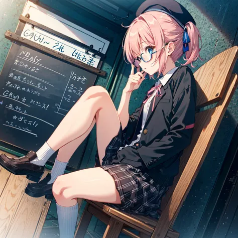 Dynamic angle, 7 years old, short hair, pink hair, short ponytail, blue ribbon, cute glasses, beret, wearing a cute short-sleeved jacket, (girl with clapperboard), (clapperboard: 1.2), folding sitting on a chair, legs