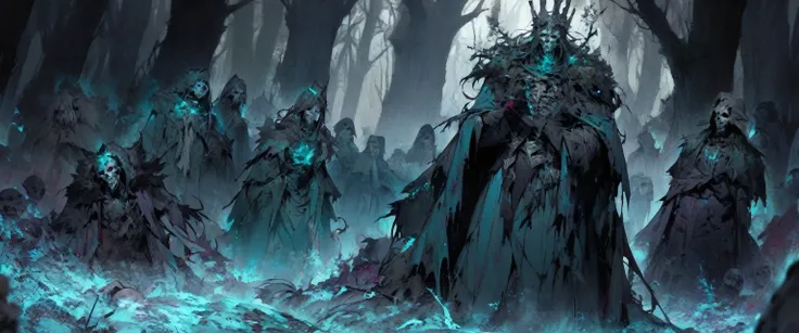 A warlocks patron, an undead king, with glowing blue eyes, in a dark forest, surrounded by a cold, cold color palette, a skeleton army in the background, wearing a bloodstained dress with a blood aura, The flesh is rotting, Skeleton tall 2 meter
