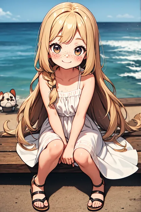 Chibi , full body , big hazel eyes , long wavy hair without bangs , blonde , white summer dress with straps , pretty sandals , blush face , sitting on the floor with a white with tan marks shihtzu dog, smiling face , cute freckles 