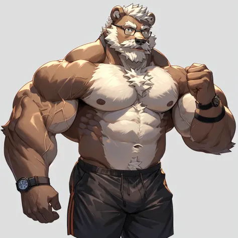 solo, 1boy, Huge Muscular Old Grizzly Bear wearing glasses , pectoral, huge pectoral, wide pectoral, short white hair, short pants, black wristbands, watch and shirtless and topless, bearded, Mustache, simple background, masterpiece, high detailed, 8k, hig...