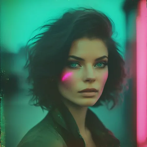 Close-up portrait of a woman with a neon pink shadow on her face against a colorful background, with long exposure photography and surrealistic details in dark green and sky blue, in the style of Duffy Sheridan --ar 1:2 --stylize 750