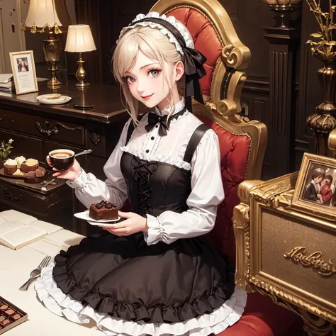 Coffee Break,Gothic Lolita,Victorian Era,Gothic ,one girl,Smile，Chocolate cake