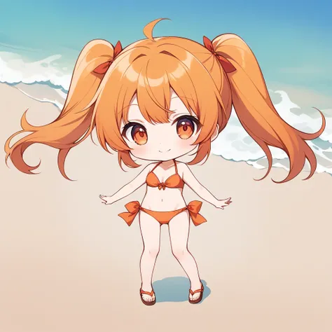 Orange Hair, Orange eyes,girl,Pigtails with both ends tied,smile, Little,  in swimsuit,girl一人,Littleキャラ,anime,whole body,mini,bikini