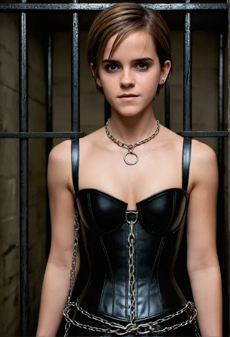 Emma Watson, Black Corset, bondage, (in the prison cell), Chained woman, Full body, ((Arm behind the back)), Chained chain, ((best quality, 8k, ​masterpiece: 1.3)), keen focus: 1.2, Beautiful woman in perfect shape: 1.4, Slender Abs: 1.2, ((layer cut, larg...