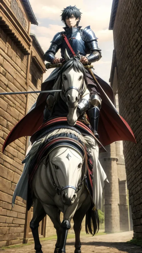 okkotsu yuta,medieval knight, riding a horse, wearing iron armor, holding a sword, in front of a castle,anime_journey_style