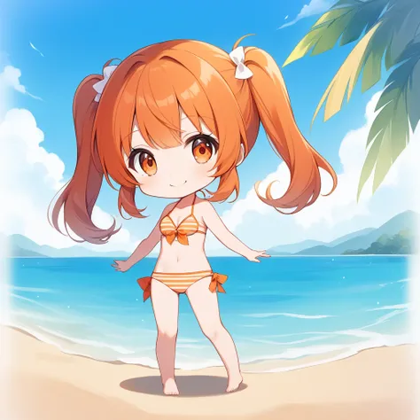 Orange Hair, Orange eyes,girl,Pigtails with both ends tied,smile, Little,  in swimsuit,girl一人,Littleキャラ,anime,whole body,mini,bikini