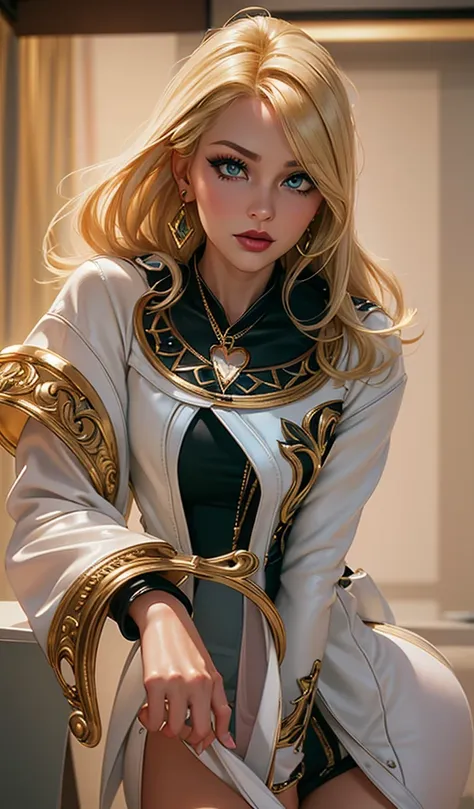 UHD 8k, HDR+, Tiffany, blonde hair, big piercing green eyes, makeup, mole above her mouth, heart-shaped tattoo, neckline, white dress, leather jacket, standing, blonde with a necklace, huge earrings, giant earrings, gold bracelets on her hands, high heels,...