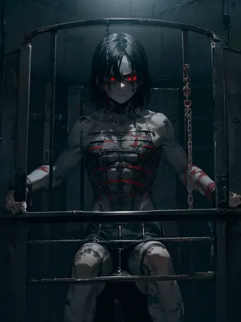 A man, long black hair, red eyes, fair skin, thin body, quadruple amputee, no limbs, in a cage, bound, chained, desperate expression